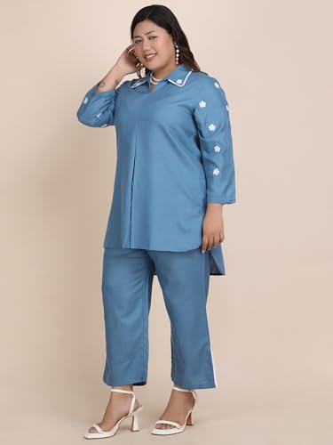 Bani Women Plus Size Blue Embroidered Co-ord Set with Collared Neck and Side Slit Pants | 2 Pec Out Fit Dress | Outerwear Dress
