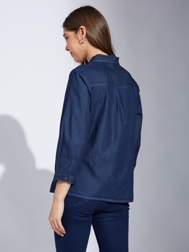 Latin Quarters Women's Blue 3/4Th Sleeves Collared Casual Solid Shirt_XXL