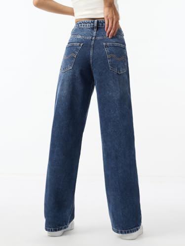 The Souled Store Distressed Denim: Mid-Blue Women and Girls Buttoned Waistband Distressed Faded Cotton Denim Straight Fit Breathable Lightweight Everyday All-Season Denim Jeans