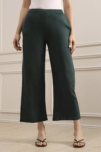 Biba Women Green Cotton Flared Dyed Palazzo Pants_XL