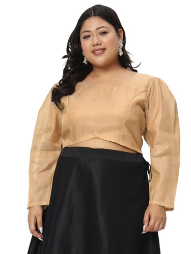 studio rasa Women's Plus Size Cotton Tissue Sheer Sleeves Readymade Saree Blouse for Wedding Festive Party (TPWPC223PS17-3XL_BL_Gold_3XL)
