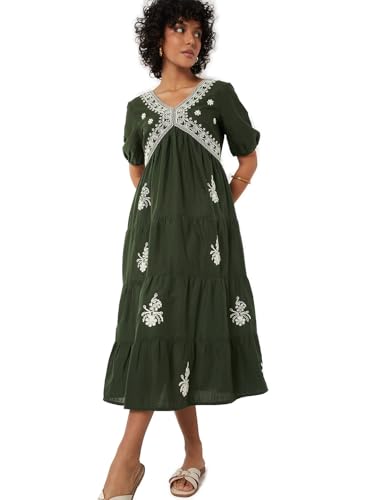 Max Women Embroidered Tiered Dress (Green_M)