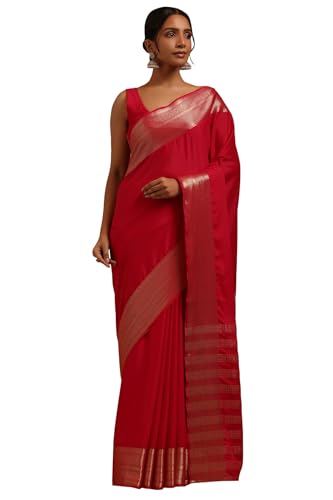 Soch Womens Fuchsia Georgette Solid Saree With Zari Woven Border And Pallu