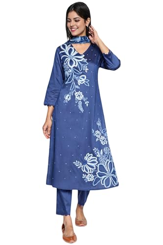 W for Woman Dark Blue Solid Printed A-Line Kurta, Straight Pant and Dupatta Set (Size: M)-WS13002-223894