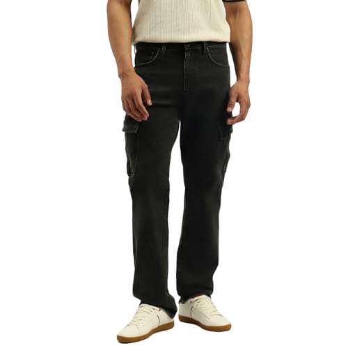 United Colors of Benetton Solid Comfort Fit Cargo Jeans (Size: 40)-25A4MBOO5029I901 Black