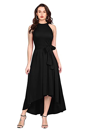 REMO - The Right Choice Women's Halter Neck Sleeveless Maxi Dress, Black, High-Low Hem with Waist Tie Belt (in, Alpha, M, Regular)