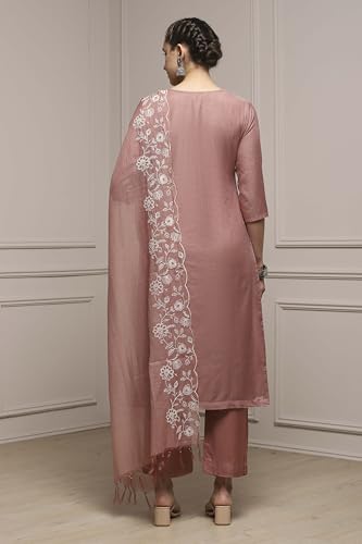 Biba Women Beige Mul Chanderi Blend Hand Embroidered Unstitched Suit Set_FREE SIZE