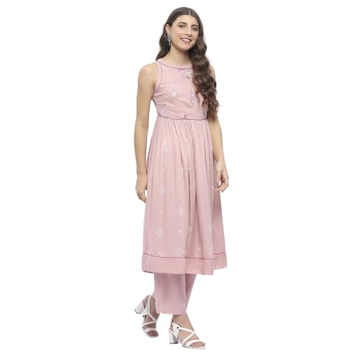 Rangriti Women's Viscose Rayon Kurta Set (ECSFLO22006SS25PNK_Pink