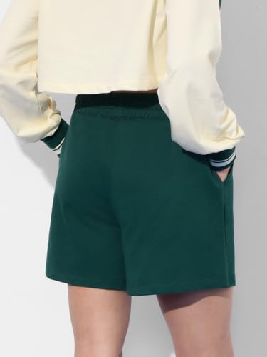 The Souled Store Harry Potter: Slytherin Prefect Women and Girls Elasticated Green Graphic Printed Regular Fit Above The Knee Cotton Lounge Shorts