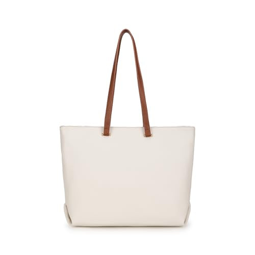 Fastrack Vanilla Clay Laptop Tote Bag | White on Tan Faux Leather Work Tote with 14 Inch Laptop Sleeve | Zip Closure with Organizer Pocket & Dual Handles