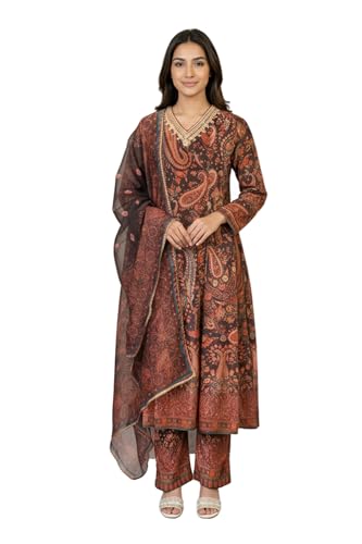 W for Woman Coffee Brown Paisley Printed Thread Embroidered Velvet A-line Winter Kurta with Straight Pants and Dupatta Set - (WS13326-127262-L)