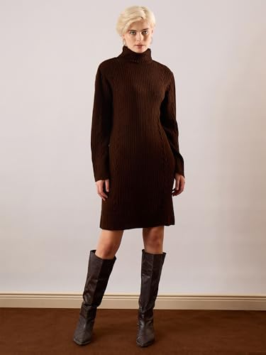 Sassafras Women Brown Acrylic Wool Turtle Neck Short Dress S