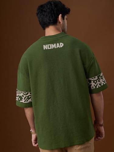 The Souled Store Nomad: Stone Carving Men and Boys Short Sleeves Round Neck Olive Graphic Printed Casual Drop Shoulder Streetwear Trendy Cotton Super Oversized T-Shirt