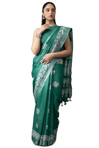 Soch Womens Turquoise Blue Linen Batik Print Sarees With Tassels