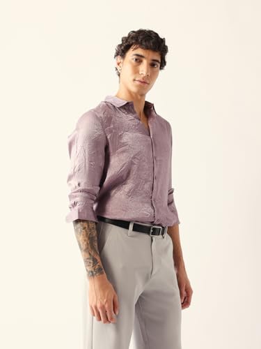 THE BEAR HOUSE Men Solid Crinkle Textured Regular Fit Shirt Purple