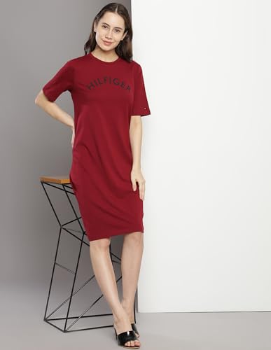 Tommy Hilfiger Women's Cotton T-Shirt Above The Knee Casual Dress (F23HWDR031_Maroon