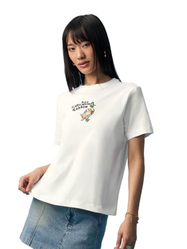 The Souled Store Blah Women and Girls Short Sleeves Round Neck White Embroidered Cotton Relaxed Fit Breathable Lightweight Everyday All-Season Streetwear Comfortable T-Shirt