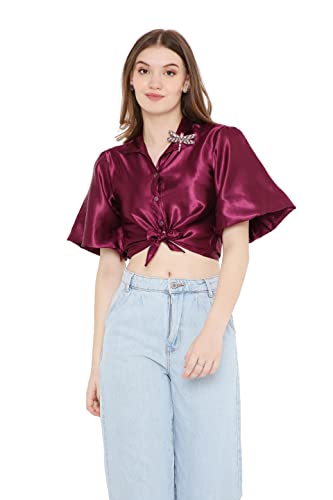 OJ Women's Purple Tie-up Crop Shirt (Medium)