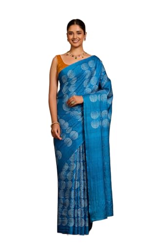Taneira Women Blue Bengal Pure Tussar Silk Mukaish Saree with Unstitched Blouse Piece (SAIH01AC1472-Blue)