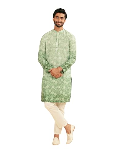 Manyavar Men's Cotton Blend Circular Bandhani Prints Kurta Pyjama Set (Light Mid Green,S)