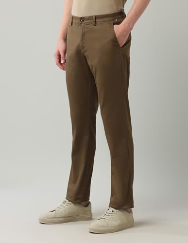 Arrow Sports Men's Brown Solid Mid Rise Cotton Button Regular Fit Flat Front Slant Pocket Trousers (ASAJTR2538_Brown_30)