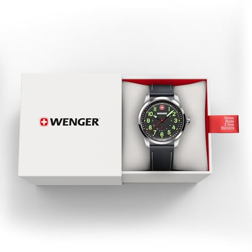 WENGER Terragraph | Swiss-Made Men's Analog Quartz Wrist Watch | Stainless Steel Case with Leather Bracelet, Black Dial, 43mm, 100M Water Resistant | Model Number 01.0541.121