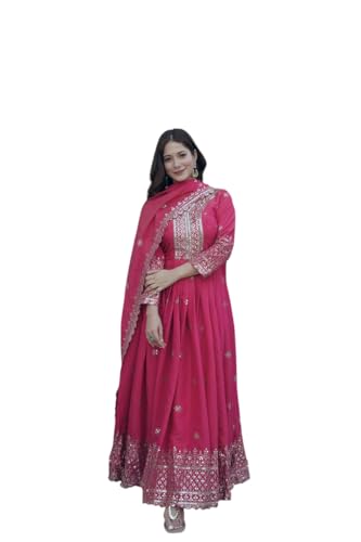 Women Most Beautiful Shimmer Silk Gown with Dupatta Long Dress, Latest Silk Long Anarkali Gown Set for Girls and Woman (in, Alpha, L, Regular, Women, Pink)