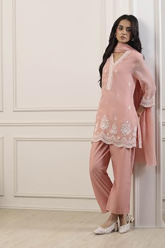 BIBA Women Peach Silk Chanderi Straight Suit Set_42