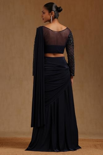 Soch Womens Navy Blue Spandex Solid Ready To Wear Saree
