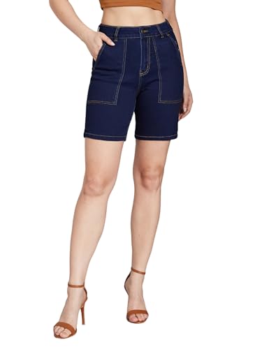 Life With Pockets Women's Regular High Rise Above Knee Stretchable Denim Shorts (LPAW24DEN91-66-71-26, Navy Blue, 26)