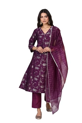 W for Woman Floral Printed Jacquard A-Line Kurta with Straight Pant and Dupatta Set - Purple (WS13245-314312-XL)