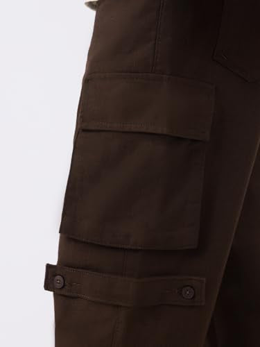 The Souled Store Textured Cargo Pants: Cocoa Men and Boys Solid Cotton-Spandex Durable Multi-Pocket Everyday Streetwear Straight Fit Cargo Pants