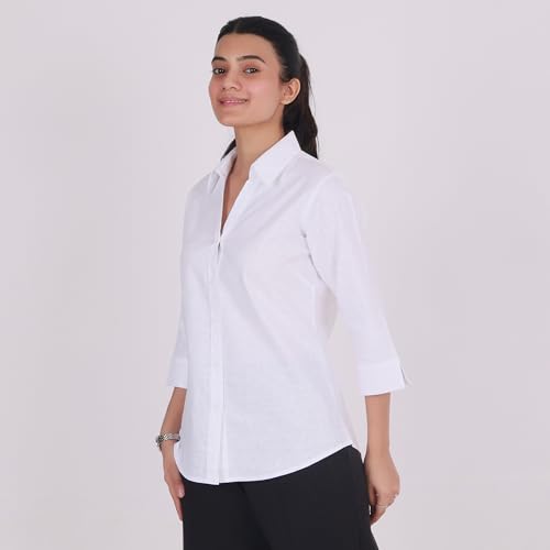 QUEEN SHIELD Women’s Linen Shirt with 3/4 Sleeves – V-Neck Button Down Casual Regualr Fit Top, Soft & Breathable Fabric White