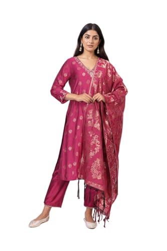 W for Woman Pink Ethnic Motifs Zari Embroidered A-Line Jacquard Kurta with Straight Pant and Dupatta Set (WS13239-314442-S)