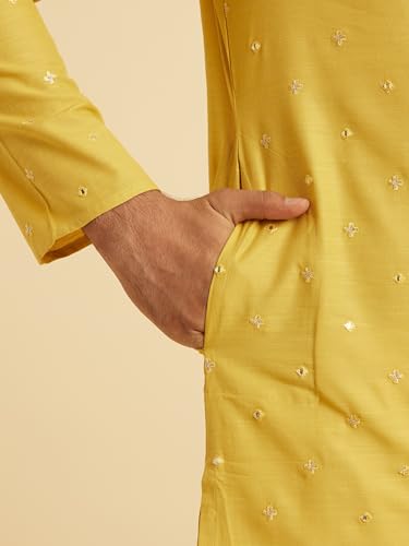 Manyavar Men's Blended Viscose Mirror Work Festive Kurta Pajama Set (Mustard,S)