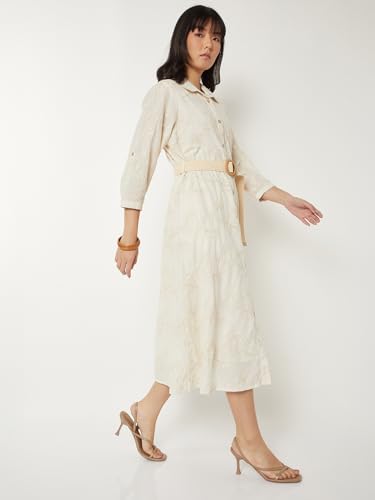 Max Women Embroidered Shirt Dress with Belt (Beige_L)