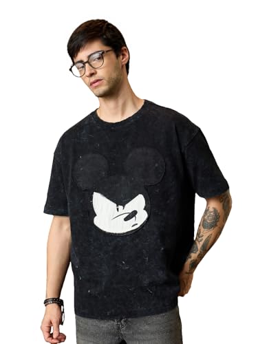 The Souled Store Mickey Mouse: Not Mousy Men and Boys Short Sleeves Round Neck Charcoal Grey Graphic Printed Casual Lightweight Drop Shoulder Streetwear Trendy Oversized T-Shirts
