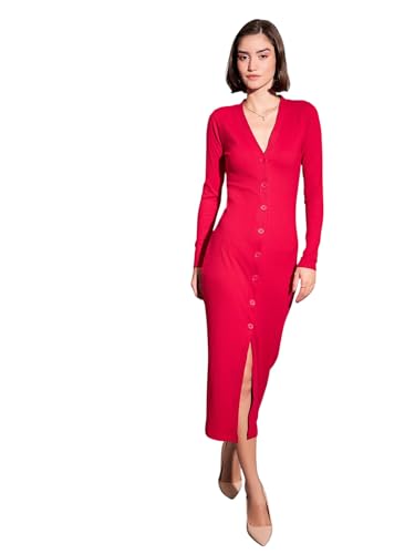 Pink Rib Front Button Midi Dress