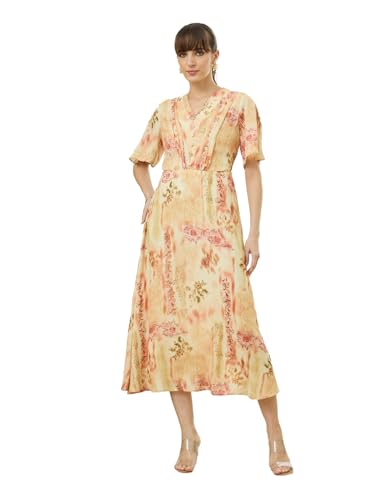 Latin Quarters Women's Yellow Half Sleeves V-Neck Casual Printed Dress_M