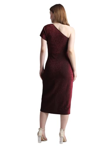 ONLY Women Solid Polyester Calf Length Maroon Bodycon Dress