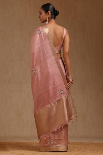 Soch Womens Pink Tussar Solid Saree With Thread Work