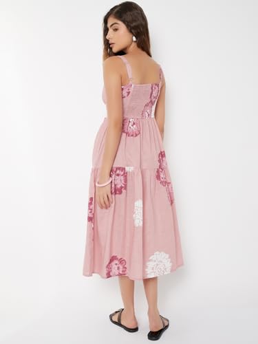 Max Women Floral Print Tiered Dress (Pink_L)