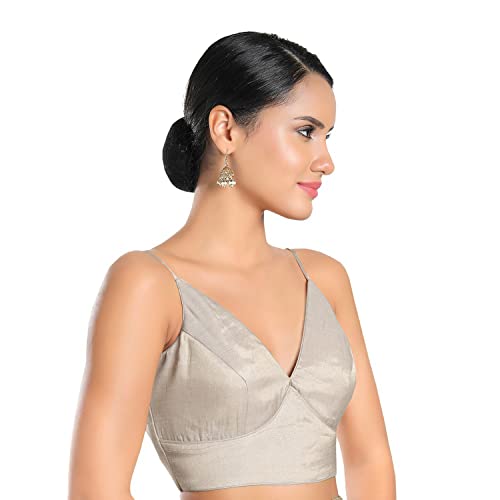 SALWAR STUDIO S Women's Silver Tissue Readymade Saree Blouse-SSB4308-SLVR