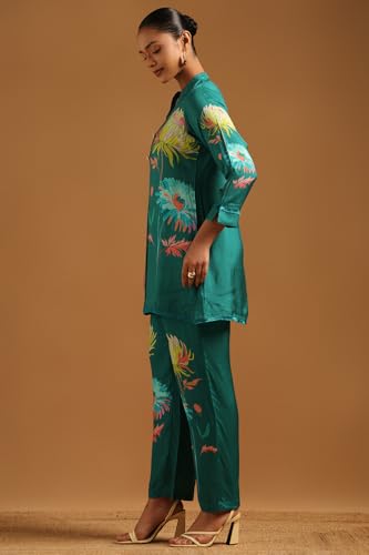 Soch Womens Teal Green Muslin Botanical Kurta Set With Hand Embroidery and Bead Details