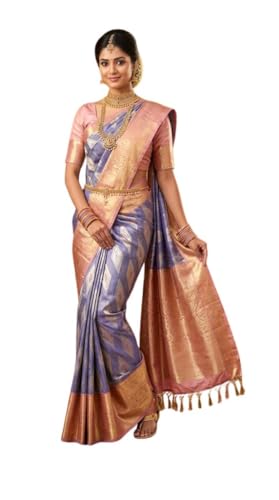 VFCollections Women's Traditional Handloom Classic Kanchipuram Silk Pure Pattu Sarees, Rich Peacock Butta All over | Rich Zari Woven Design | Bridal Saree | Unstitched Blouse
