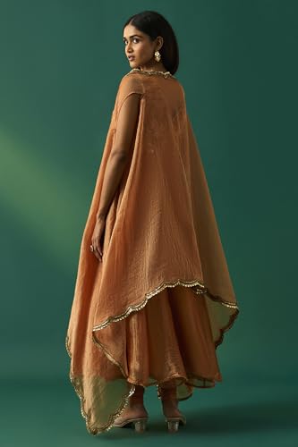 Wishful Women's Orange Embroidered Flared Dress with Churidar and Cape Set - (SP11492-401101-XL)