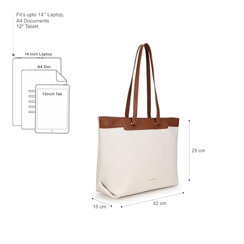 Fastrack Vanilla Clay Laptop Tote Bag | White on Tan Faux Leather Work Tote with 14 Inch Laptop Sleeve | Zip Closure with Organizer Pocket & Dual Handles