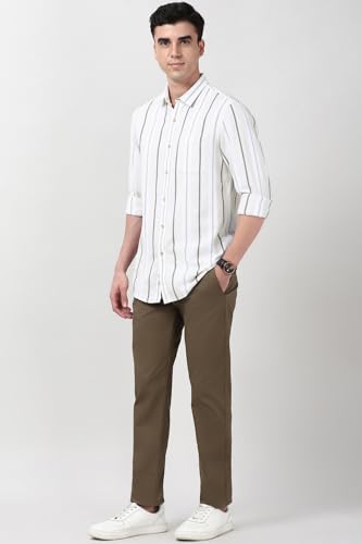 Peter England Cotton Linen Blend Shirt for Men – Full Sleeves, Subtle Stripes Beige