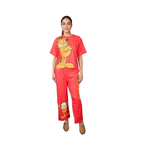 fashiontownie Co-ord Set for Women with Garfield Print | Imported Fabric Casual Wear | Trendy T-Shirt & Pant Set | Stylish Lounge & Streetwear Outfit (Red) (Free Size)