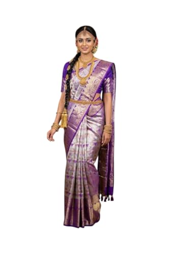 VFCollections Women's Traditional Handloom Kanchipuram Silk Pure Pattu Sarees | Rich Zari Woven Design | Bridal Saree | Unstitched Blouse (VFC718-4)